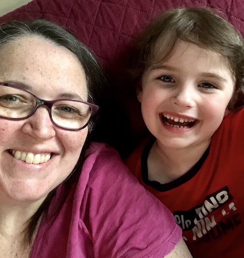 Heather Cottrell and son working at home